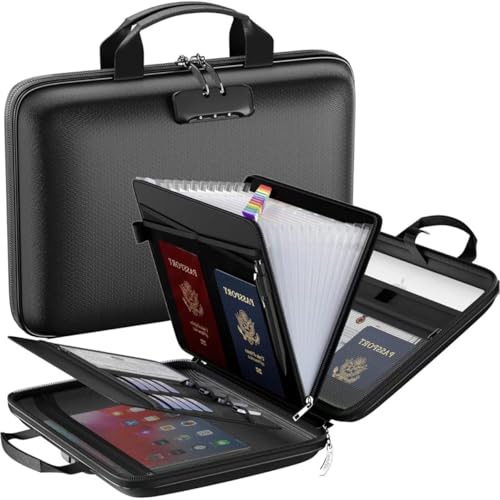 Fireproof Document Box with Lock, Hard Case File Organizer with 13 Pocket Clear White Accordion File Folder, Portable Safe Box for Home School Office Travel to Storage Important Documents - color: Hard Black Case, Clear White Inner