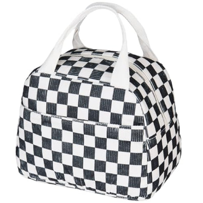 Lunch Bag for Women Men - Reusable Insulated Lunch Box with Handle, Leakproof Checkered Design for Office, School, Picnic - color: White-Black-Grid