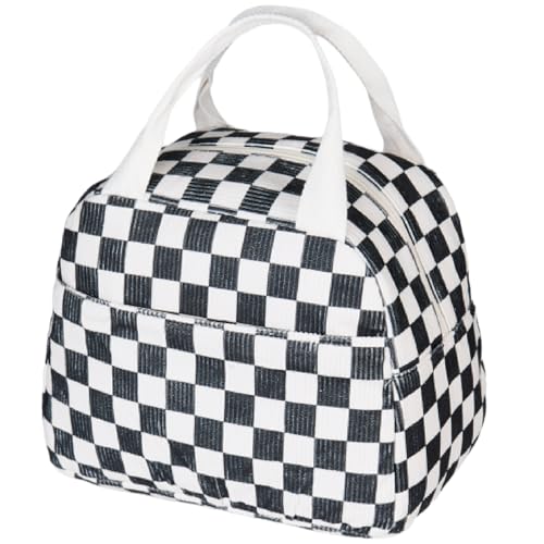 Lunch Bag for Women Men - Reusable Insulated Lunch Box with Handle, Leakproof Checkered Design for Office, School, Picnic - color: White-Black-Grid