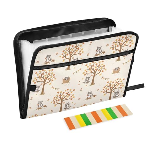 Cute Racoon Woodland Cartoon File Folders,Plastic Folders with 13 Pockets,Expandable File Folder for Documents School Students Office,Aesthetic Folder with Labels A4 Letter Size - color: Multicolor 13