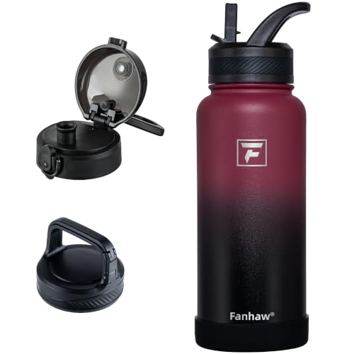 Fanhaw 32 oz Insulated Water Bottle – Portable Stainless Steel Flask with 3 Lids (Straw, Chug, Carabiner) | Leakproof, for Gym, Hiking, Work, Travel & Everyday Use (Red Black) - color: Red Black, size: 32 Ounces
