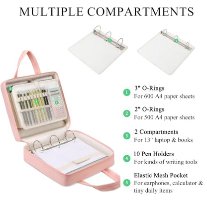 Upgraded Zipper Binder | 3-Inch & 2-Inch O-Rings, 600 Sheet Capacity Trapper Keeper with 13 Inch Laptop Sleeve & Water Bottle Holder, Binder Bag with Multi-Pockets & Shoulder Strap (Pink) - color: Pink