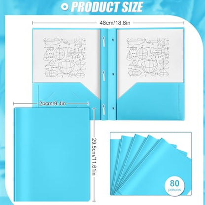 Yeaqee 80 Pcs Plastic Folders with Pockets and Prongs Plastic Folder 2 Pockets 3 Prongs with Business Card Slot Back to School Folders for Students, Teachers, Office Workers (Light Blue) - color: Light Blue