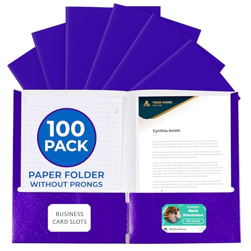 100 Pack Purple 2 Pocket Paper Folders. EPI Heavy Duty, Bulk Folders with Pockets and Business Card Slots. Colored Letter Size Document Organizers. Durable Portfolio for School, College, Office Files - color: Purple, style: No Prongs