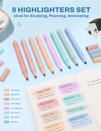 SUNEE 54PCS Aesthetic Stationery Set with Cute Pencil Case, 8 Color Pastel Highlighters, 8 Black Gel Pens, 6 Mechanical Pencils & Refills, College School Supplies for Students Girls Blue - color: Blue, style: 54 Pack
