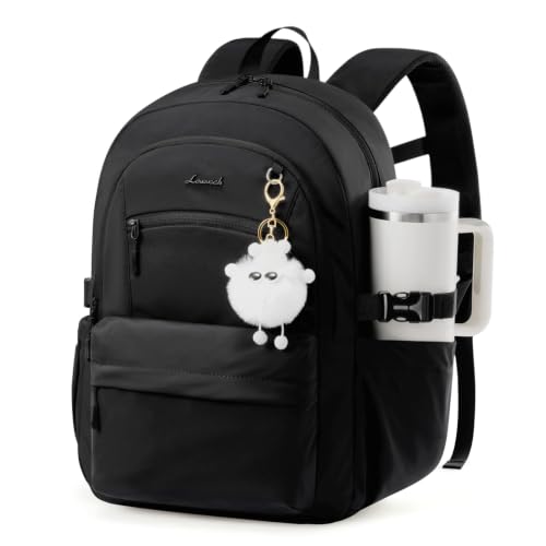 LOVEVOOK School Backpack for Teen Girls & Women 35L Large Laptop Backpack | Cute Plush Charm, Fits 40oz Tumbler, Waterproof Student Bookbag for Girls 10-12, Middle & High School, College Travel Work - color: Black, size: 15.6 inch