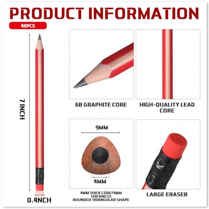 Seajan 48 Pcs 6B Jumbo Pencils, Big Fat Thick Triangular Grip 7 Inch Large Pencils Refill with Eraser for Kid Beginner Preschooler Kindergarten School Office Writing Christmas(Red) - color: Red, style: 6B