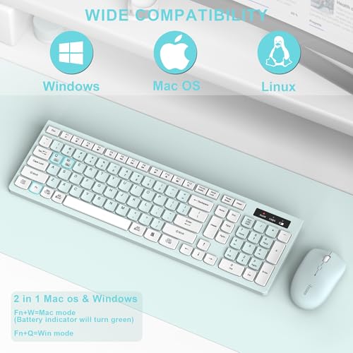 Wireless Keyboard and Mouse Combo, Full-Sized Wireless Keyboard and Adjustable DPI Mouse, 2.4GHz USB Receiver, Keyboard and Mouse for PC, Windows, Desktop, Laptop (Mint Green and White) - color: Mint Green and white