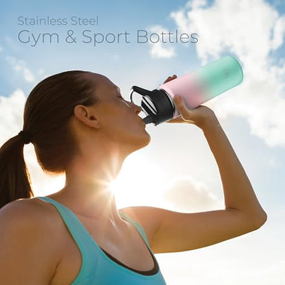 SipX™ 18 oz Insulated Water Bottle with 3 Lids – Leakproof Stainless Steel, Triple Insulated – Cold 24 Hours/Hot 12 Hours – Durable Bottle for School, Gym, Travel – Gradient Mint Pink - color: Gradiant Mint Pink, size: 18 Ounces