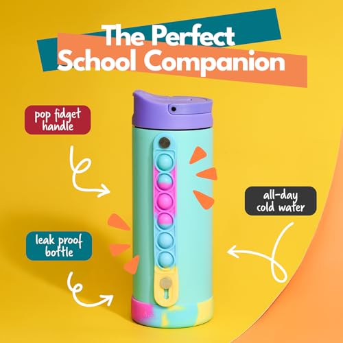 Elemental Iconic Kids Water Bottle with Straw Lid & Stress Relief Pop It Handle, Leak-Proof When Closed, Triple Insulated Kids Stainless Steel Water Bottle For Girls and Boys, 14oz - Blue Tie Dye - color: Blue Tie Dye, size: 14 Ounces