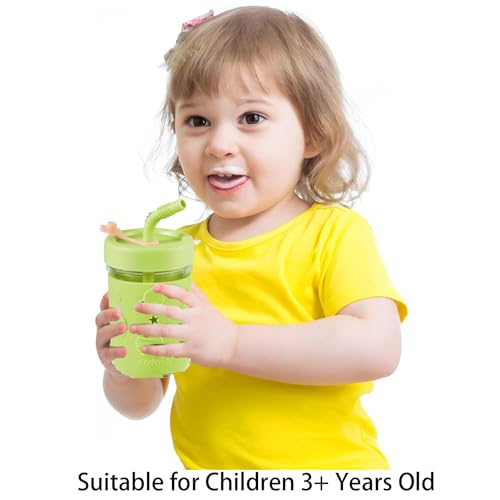 PandaEar Kids & Toddler Glass Cups, 4 Pack Glass Mason Jar Cups 8.45 oz with Silicone Sleeves & Straws, Spill-Proof Smoothie & Snack Cups for Children Ages 3+