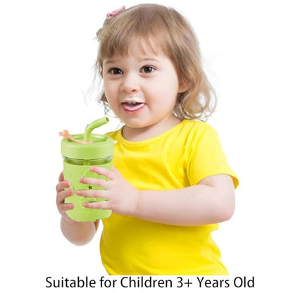 PandaEar Kids & Toddler Glass Cups, 4 Pack Glass Mason Jar Cups 8.45 oz with Silicone Sleeves & Straws, Spill-Proof Smoothie & Snack Cups for Children Ages 3+