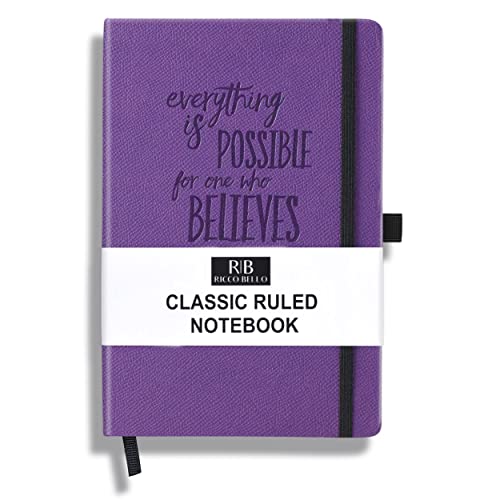 RICCO BELLO Lined Journal Notebook, Purple Inspiration, 5.7 x 8.4-Inch | Faux Leather Hardcover, College Ruled, 96 Sheets / 192 Pages, Pen Holder, For Work & Notes - color: Purple Inspiration