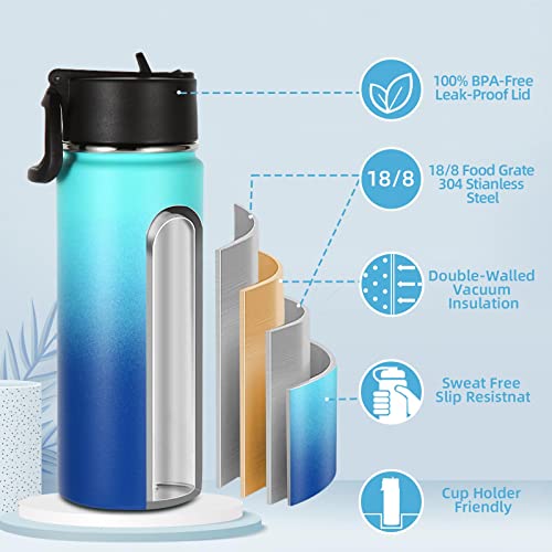 Volhoply 18oz Insulated Water Bottle Bulk 2 Pack,Kids Stainless Steel Water Bottles with Straw Lid,Wide Mouth Reusable Metal Cups,Double Wall Vacuum Sports Flask Keep Hot and Cold(Green Blue,2 Set) - color: Green Blue
