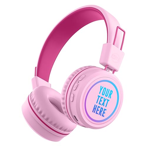 MEE audio KidJamz KJ55BT Personalized Bluetooth Wireless Safe Listening Headphones for Kids w/Custom LED-Backlit Design, Volume Limiter, Mic; Kids Headset for School/iPhone/iPad/Tablet (Pink) - color: Pink, style: Customized
