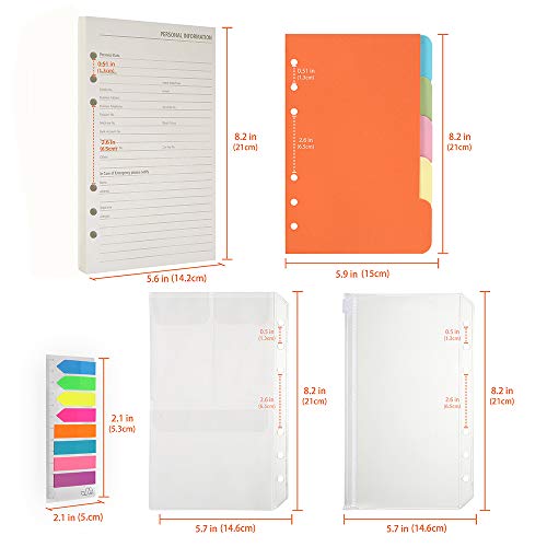 A5 Refill Paper, 200 Lined Pages, 5 Tabs Binder Divider, 160 PCS Index Tabs with Ruler, 2 PCS PVC Pockets, Binder Inserts for Refillable Planner Organizer - color: Off-white
