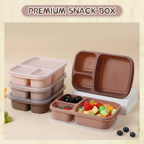 Honeydak 5 Pack Snack Containers 3 Compartment Bento Snack Boxes Divided Meal Prep Containers with Lids Reusable Adults Lunch Food Storage Box for School Work Travel(Brown) - color: Brown