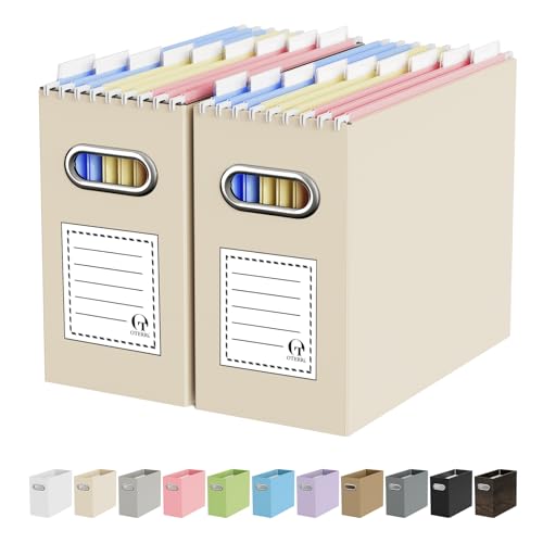 Oterri Portable Collapsible Cardboard File Box with Handle for Letter-Size | 2-Pack. Stainless Steel Handle. Label Stickers Included. Fits Letter Folders (Not Included). Home, Office, School, Dorm, Tax. - color: Beige, size: Letter Size - 2 Packs