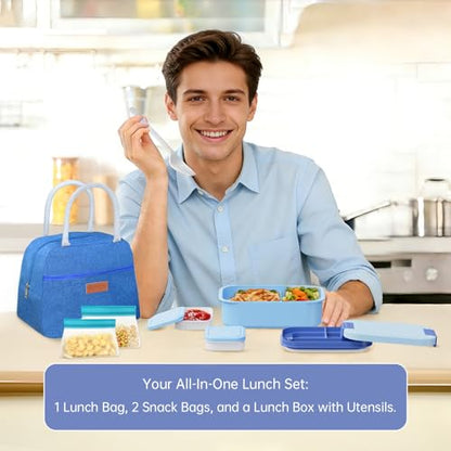 JBGOYON 4-in-1 Bento Box and Insulated Lunch Bag Set, Blue | 6-hour insulation, 7.5 L lunch bag, leakproof 1.9 L container with 2 sauce cups, fork and spoon, 2 snack bags, BPA-fre - color: Blue