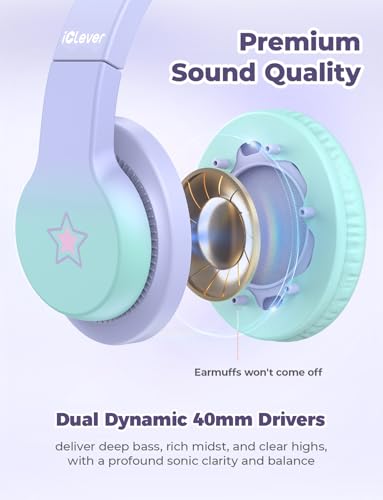iClever HS19S Kids Headphones, 85dBA Safe Volume Limiter - Over Ear Stereo Headphones for Kids Boys Girls, Foldable 3.5mm Jack Wired Headphone for iPad/Tablet/School/Travel - color: Purple Star