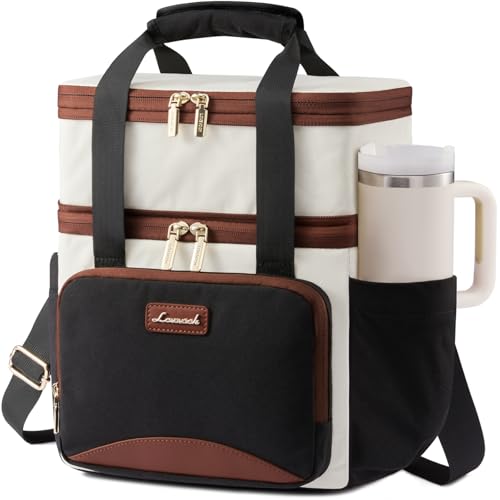 LOVEVOOK Insulated Lunch Bag For Women Men,Expandable Double Deck Lunch Box With Large Cup Holder,Leakproof Cooler Bag For Adult Lunch Tote Bag Work Picnic Beach with Adjustable Shoulder Strap Gift - color: Black with Off White with Brown, size: X Large —