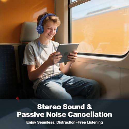 SIMOLIO USB C Wired Kids Headphones, Built-in Microphone & Share Port | USB C to 3. 5mm Dongle, 3-Level Volume Limiter, Over-Ear Headsets w/Pouch, Foldable for Airplane Travel School iPad - color: Deep Blue
