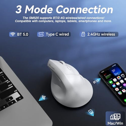 SOLAKAKA SM520 Ergonomic Mouse with 24000 DPI, Vertical Mouse with Programmable Side Button, Wireless Mouse with Tri-Mode Connection - BT5.0/USB-C/2.4GHz, for Desktop, PC, Laptop (White) - color: white