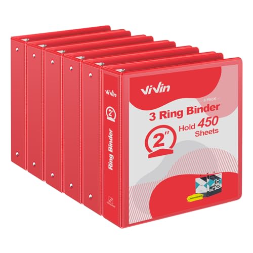 ViVin 2 Inch Round Ring View Binder for Durability, Standard 3 Ring Binder for 450 Sheets of US Letter Size Paper, PVC-Free, 6-Pack (Red) - color: Red, size: 2 Inch, style: 6 pack