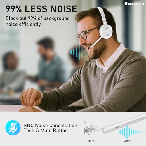 Wireless Headset with Mic for Work, Bluetooth Headphone with Microphone, AI Noise Canceling Mic & Mute, Wireless Headset with USB Dongle & Charging Dock for PC/Cell Phones/Call Center/Teams