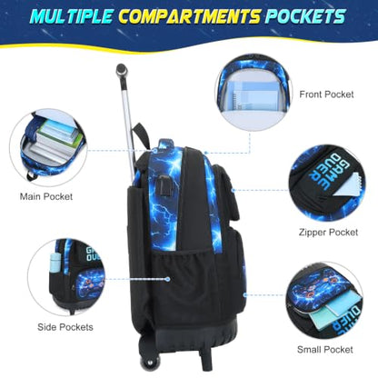 Scothen 3PCS Rolling Backpack for Boys, Cool Gamer Roller Backpack with Wheels, Kids Boy Wheeled Backpacks with Lunch Bag Pencil Case for Teens Bookbag Kindergarten Elementary Middle School - color: Blue Lighting