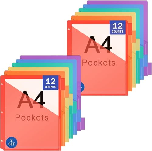 Binder Dividers with Pockets 12 Count 2 Pack Pocket Dividers for 3 Ring Binders 6 Tab Plastic Dividers with Big Insertable Tabs Multicolor Works with Sheet Protectors - color: 2pc Multicolor