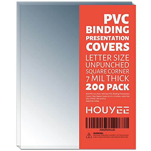 HOUYEE 200 Pack 7 Mil PVC Binding Presentation Covers, Clear Report Cover Sheets for Binding, Square Corner, 8.5 x11 Inches, Letter Size - size: 7mil,200P