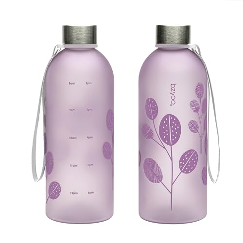 bzyoo 32oz 1 Liter Clear Water Bottle with Time Marker, Leaf Design, Durable Plastic, BPA-Free, Reusable with Measurement Markings for Fitness and Outdoor Activities (Color: Purple) - color: Leaf Puple