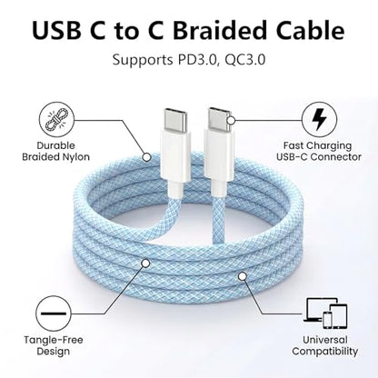 USB C to C Charger Cable, 60W, 3FT, 2-Pack, Blue | Fast Charging, Braided Nylon, for iPhone 17/16/15, MacBook iPad, Galaxy S25/S24 - color: Blue, size: 3FT+3FT