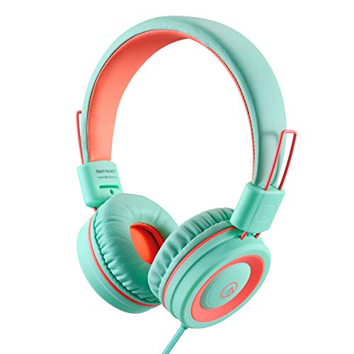 noot products K11 Kids Headphones Wired 3.5mm Jack Tangle-Free Mint/Coral | 5ft Long Cord, Foldable, Plug in On-Ear Headset for iPad, Amazon Kindle Fire, Boys, Girls, School, Laptop Travel Plane Tablet - color: Mint