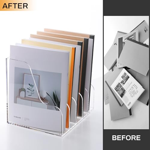 SANRUI Acrylic File Organizer, Compact Desk Organizer for Folders, Binders, Notebooks, Envelopes, Clear Magazine File Holder, 5 Section Bookshelf for School Home Office Organization, A4 - size: A4,5 Sections