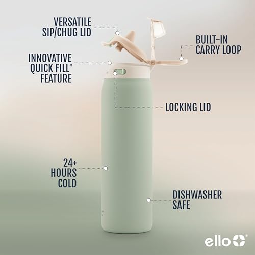 Ello Pop & Fill Insulated Stainless Steel Water Bottle with Quick Fill Lid, Leakproof Locking, Sip or Chug Spout, BPA-Free, Double Wall Vacuum Insulated for Sports, Travel & School- 22oz / 32oz / 40oz - color: Pistachio, style: 40oz