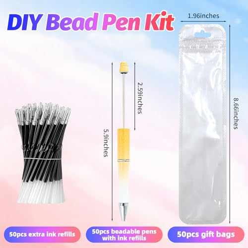 150 Pieces DIY Beadable Pens Kit - 50 plastic Beadable Pens Bulk, Refills & pen bags Included - Beaded Pens Black Ink Ballpoint Cute Pens for Students Teacher（Gradient） - color: Gradient, size: 50