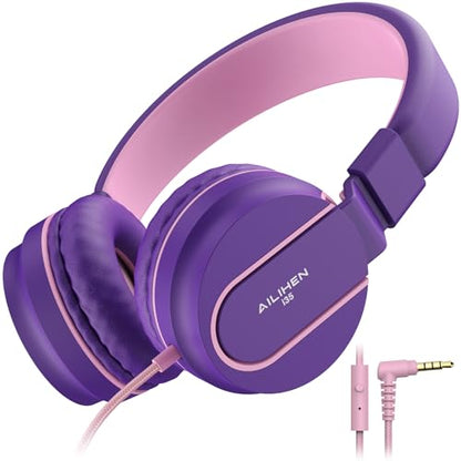 Kids Headphones, Wired Headphones for Kids On Ear with Microphone, 93dB Volume Limiter Headphone for Girls Boys, Foldable Lightweight Headphone for School Learning & Entertainment, Pink Purple - color: Pink Purple