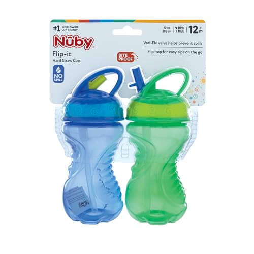 Nuby Flip-It Hard Straw Cups with Vari-Flo Straw - (2 Pack) 10 oz - Spill-Resistant - 12+ Months - Blue/Green - color: Blue & Green