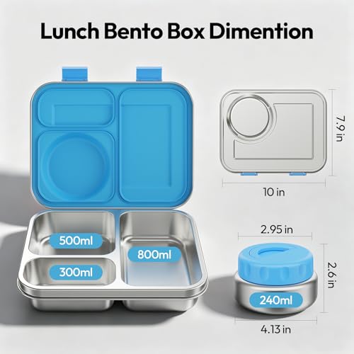 Stainless Steel Bento Lunch Box with 8oz Insulated Food Jar, 3 Compartment Metal Bento Lunch Container for Kids & Adults with Silicone Container and Food Thermo for Work & School, BPA-Free(Blue) - color: Blue