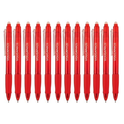 Volcanics Erasable Gel Pens Red Ink, 12 Pack Retractable Clicker Gel Ink Pen, 0.7mm,Fine Point Smooth Writing for Office Work Journaling - color: Red