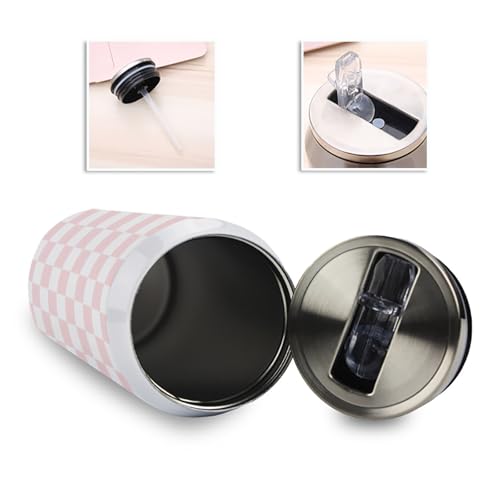 T&H XHome Pink Checkerboard Pattern 14oz Stainless Steel Tumbler with Lid & Straw-Double Wall Vacuum Insulated Travel Mug Soft Fabric Print Water Bottle Coffee Beverage Drinks Cup - size: 14 Ounces