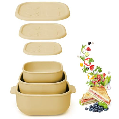 Silicone Bento Box ｜Food Grade & Leakproof Lunch Box Bento with Lids ｜3-Piece Space-Saving Nesting Kit Food Storage Containers Set (Yellow) - color: Yellow