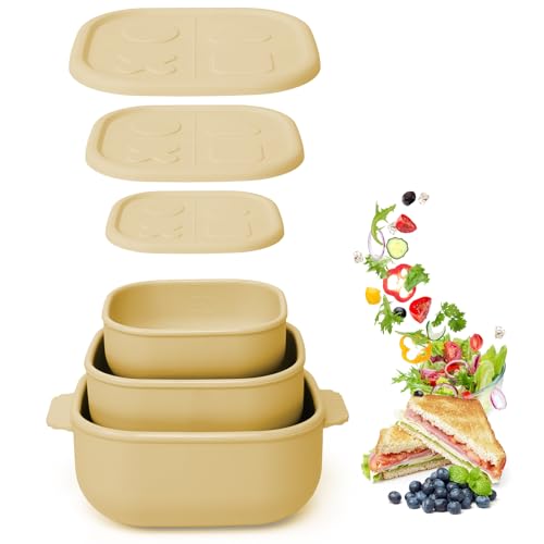 Silicone Bento Box ｜Food Grade & Leakproof Lunch Box Bento with Lids ｜3-Piece Space-Saving Nesting Kit Food Storage Containers Set (Yellow) - color: Yellow