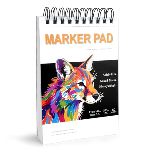 Marker Pad 8.3x5.5 Inch A5– 60 Sheets, 200gsm, Spiral Sketchbook | | Bleed-Proof Drawing Paper for Alcohol Markers, Colored Pencils & Mixed Media | Acid-Free Art Pad for Artists & Adults - size: 8.3x5.5