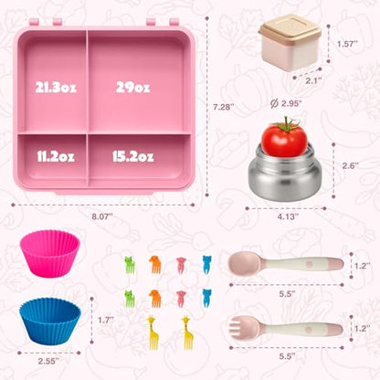 Bento Box for Kids Lunch box with Leak Proof Thermos Food Jar, Food Lunch Containers for Girls with 4 Compartments, Food Picks, Sauce Jar(Pink) - color: Pink