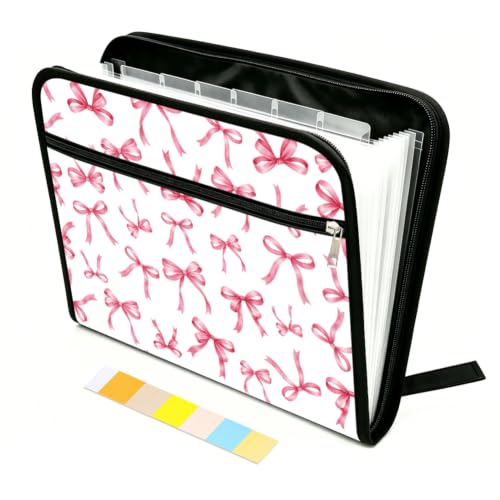 WEBEEDY Portable 13 Pockets Expanding File Folder with Labels and Zipper, Pink Bow Prints Document Folder Cute Accordion File Organizer for A4 Paper Letter Receipt Paperwork Office, Back to School