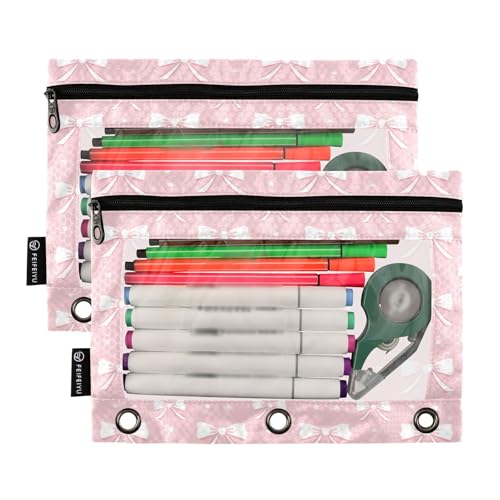 ATTX Pink Ribbon Bow Pencil Pouch for 3-Ring Binder - Large Capacity Clear Window Pencil Case with Smooth Zipper, Heavy Duty Office Supplies Organizer - color: Pink Ribbon Bow
