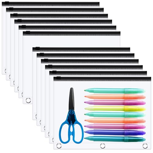 Lincia 24 Pack Clear Pencil Pouch for 3 Ring Binder Pencil Case with Zipper 3 Ring Binder Pocket Insert Bag 10 x 7'' Visible Cash Envelope with Re-enforced Grommet for Office(Black, Clear) - color: Black, Clear